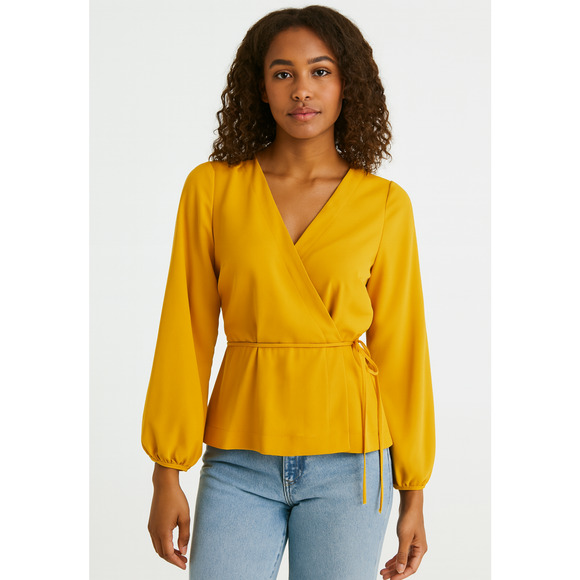 J.CREW Drapey Crepe Faux Wrap Blouse Rich Gold Long Sleeve Size 2 - Picture 1 of 9